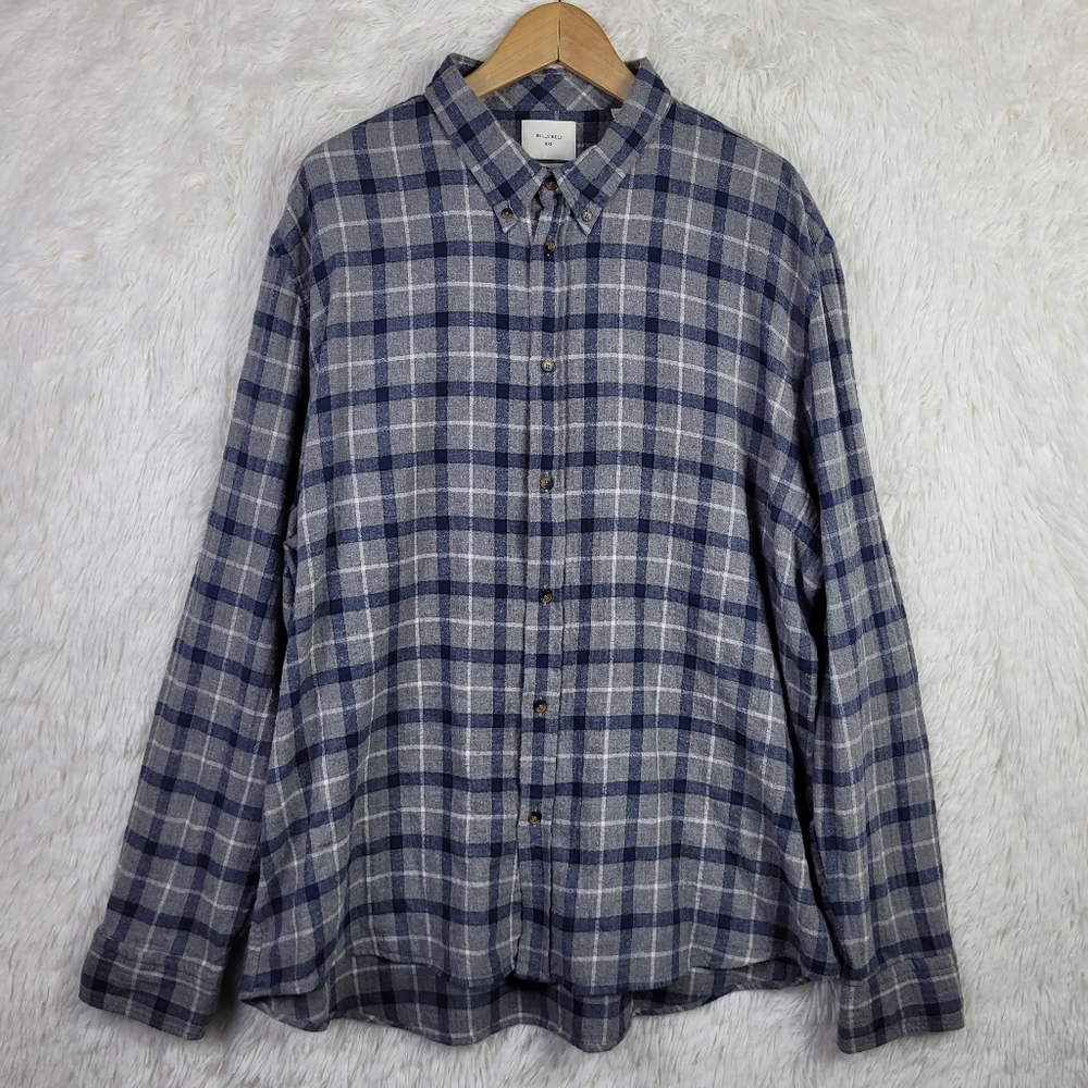 Billy Reid 2XL‎ Gray Plaid Button Down Brushed Cotton Long Sleeve Shirt Slim Fit